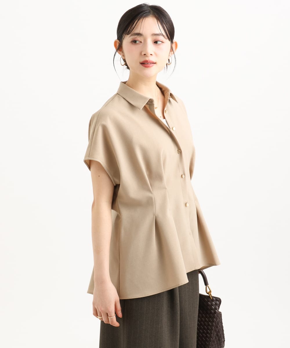 F1BGD56160 MK MICHEL KLEIN(小さいサイズ)(メゾン ドゥ サンク) 【小さいサイズ】[洗える]リネンライクストレッチ ウエストタックデザイン襟付きブラウス ブラウン