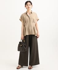 F1BGD56160 MK MICHEL KLEIN(小さいサイズ)(メゾン ドゥ サンク) 【小さいサイズ】[洗える]リネンライクストレッチ ウエストタックデザイン襟付きブラウス ブラウン