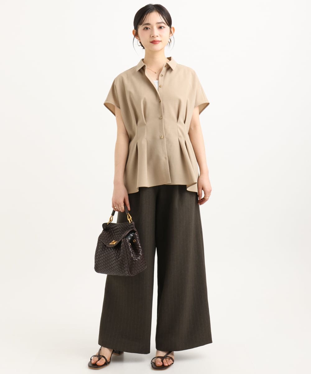 F1BGD56160 MK MICHEL KLEIN(小さいサイズ)(メゾン ドゥ サンク) 【小さいサイズ】[洗える]リネンライクストレッチ ウエストタックデザイン襟付きブラウス ブラウン