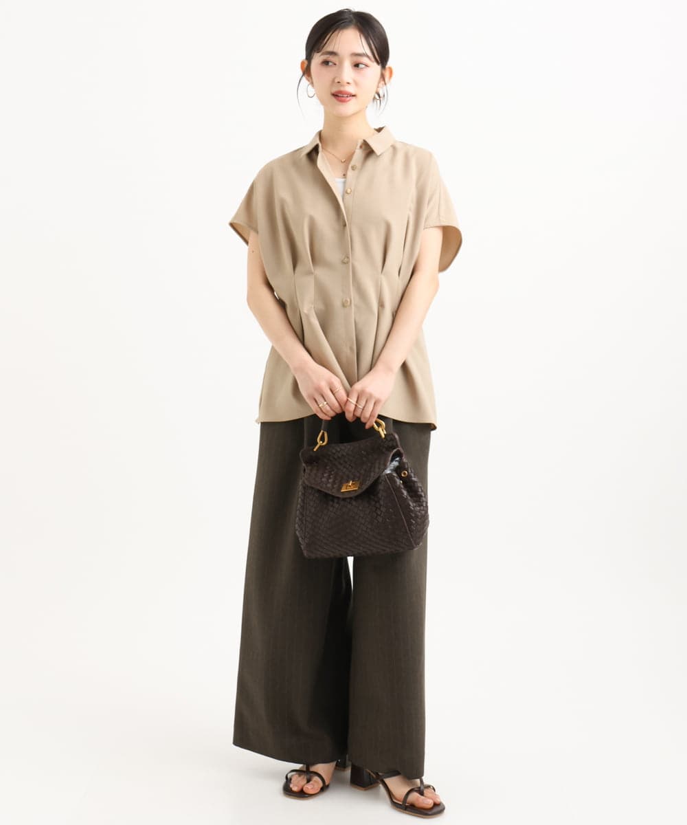F1BGD56160 MK MICHEL KLEIN(小さいサイズ)(メゾン ドゥ サンク) 【小さいサイズ】[洗える]リネンライクストレッチ ウエストタックデザイン襟付きブラウス ブラウン