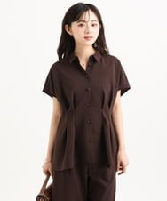 F1BGD56160 MK MICHEL KLEIN(小さいサイズ)(メゾン ドゥ サンク) 【小さいサイズ】[洗える]リネンライクストレッチ ウエストタックデザイン襟付きブラウス ブラウン