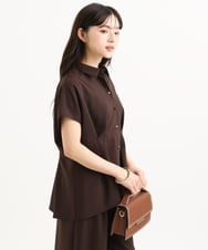 F1BGD56160 MK MICHEL KLEIN(小さいサイズ)(メゾン ドゥ サンク) 【小さいサイズ】[洗える]リネンライクストレッチ ウエストタックデザイン襟付きブラウス ブラウン