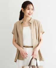 F1BGD56160 MK MICHEL KLEIN(小さいサイズ)(メゾン ドゥ サンク) 【小さいサイズ】[洗える]リネンライクストレッチ ウエストタックデザイン襟付きブラウス ベージュ