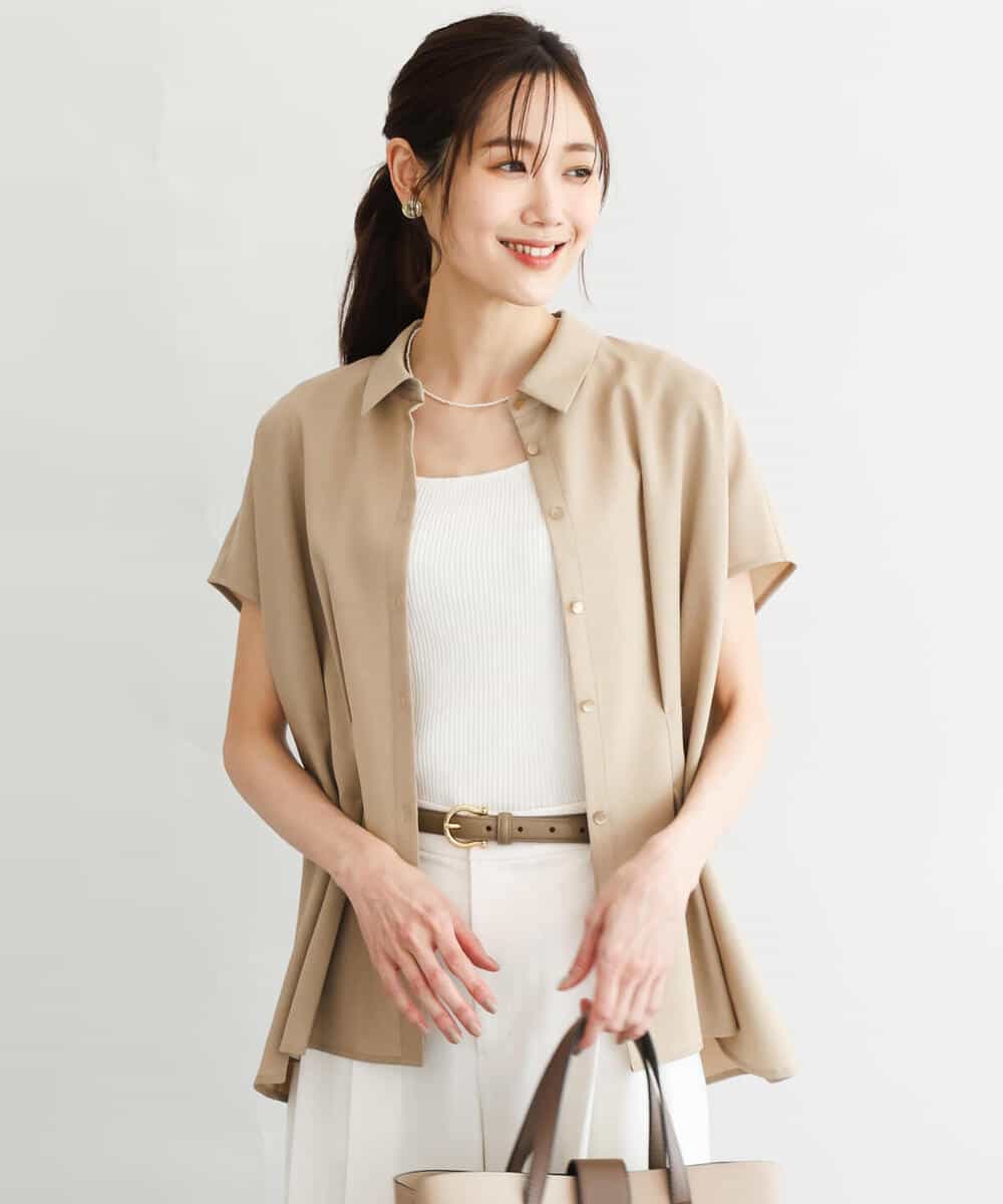 F1BGD56160 MK MICHEL KLEIN(小さいサイズ)(メゾン ドゥ サンク) 【小さいサイズ】[洗える]リネンライクストレッチ ウエストタックデザイン襟付きブラウス ベージュ