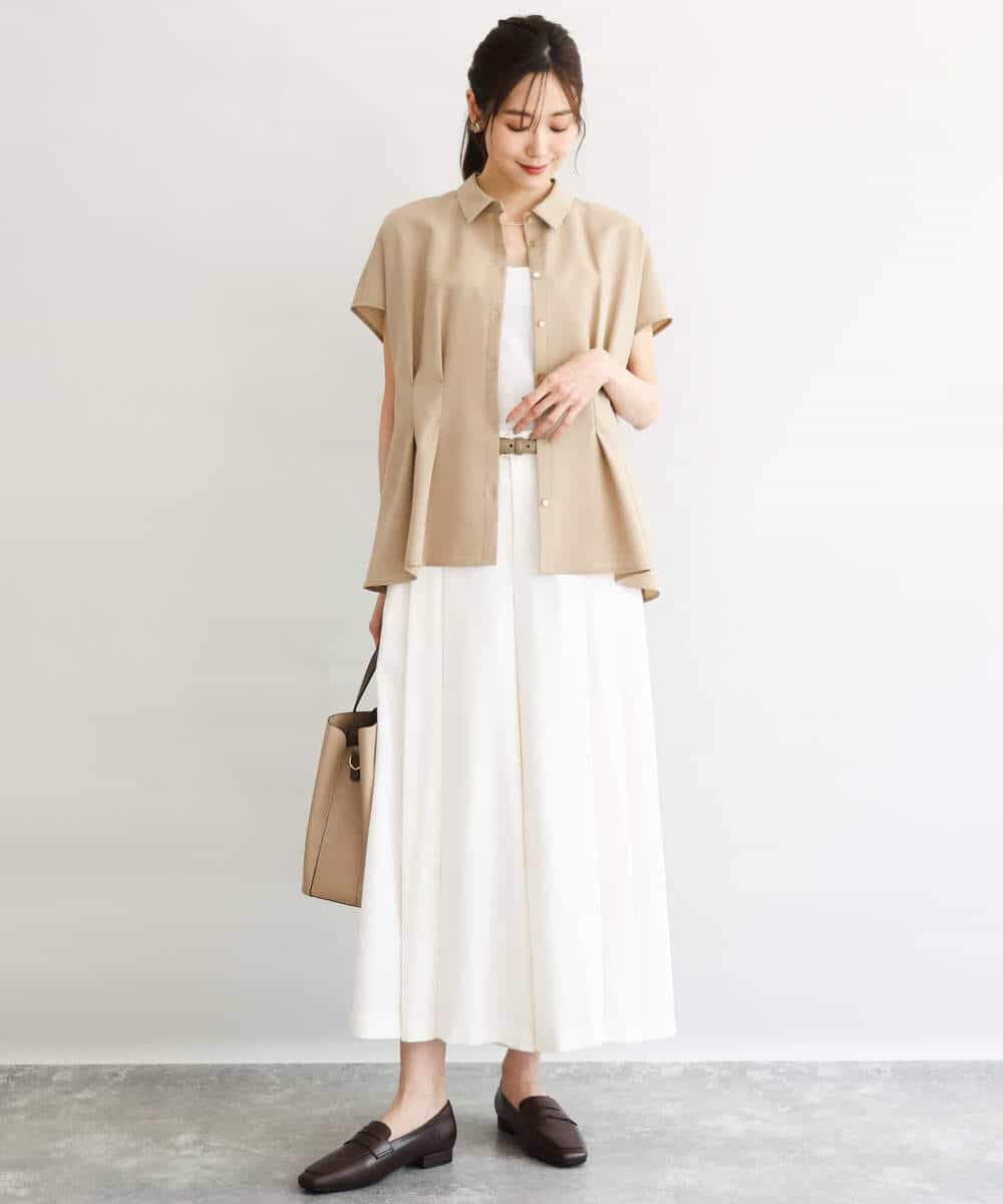 F1BGD56160 MK MICHEL KLEIN(小さいサイズ)(メゾン ドゥ サンク) 【小さいサイズ】[洗える]リネンライクストレッチ ウエストタックデザイン襟付きブラウス ブラウン