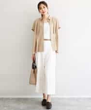 F1BGD56160 MK MICHEL KLEIN(小さいサイズ)(メゾン ドゥ サンク) 【小さいサイズ】[洗える]リネンライクストレッチ ウエストタックデザイン襟付きブラウス ブラウン