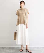 F1BGD56160 MK MICHEL KLEIN(小さいサイズ)(メゾン ドゥ サンク) 【小さいサイズ】[洗える]リネンライクストレッチ ウエストタックデザイン襟付きブラウス ブラウン