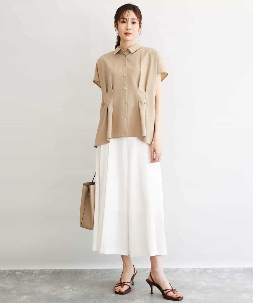 F1BGD56160 MK MICHEL KLEIN(小さいサイズ)(メゾン ドゥ サンク) 【小さいサイズ】[洗える]リネンライクストレッチ ウエストタックデザイン襟付きブラウス ブラウン