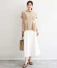 F1BGD56160 MK MICHEL KLEIN(小さいサイズ)(メゾン ドゥ サンク) 【小さいサイズ】[洗える]リネンライクストレッチ ウエストタックデザイン襟付きブラウス ブラウン