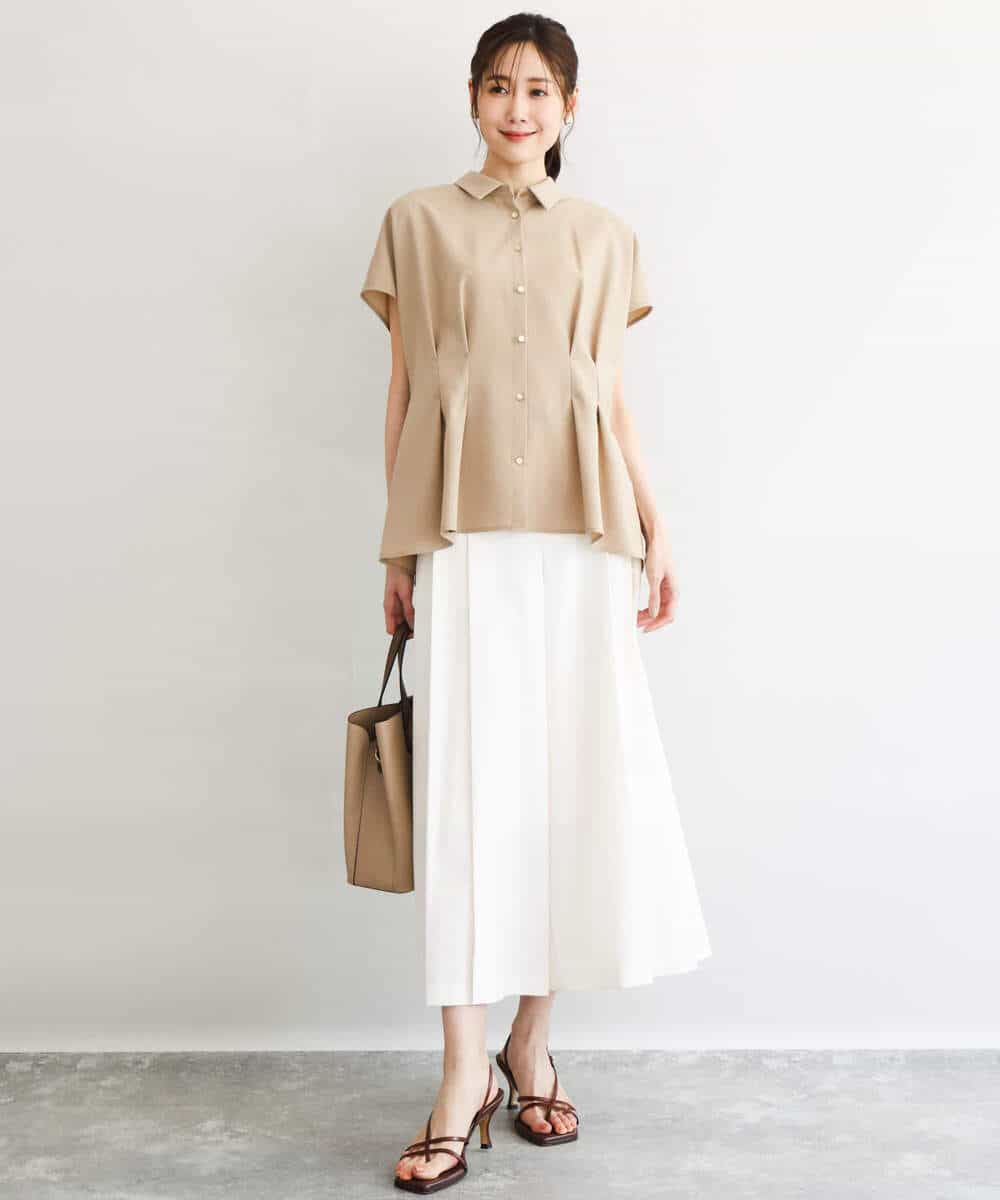 F1BGD56160 MK MICHEL KLEIN(小さいサイズ)(メゾン ドゥ サンク) 【小さいサイズ】[洗える]リネンライクストレッチ ウエストタックデザイン襟付きブラウス ブラウン