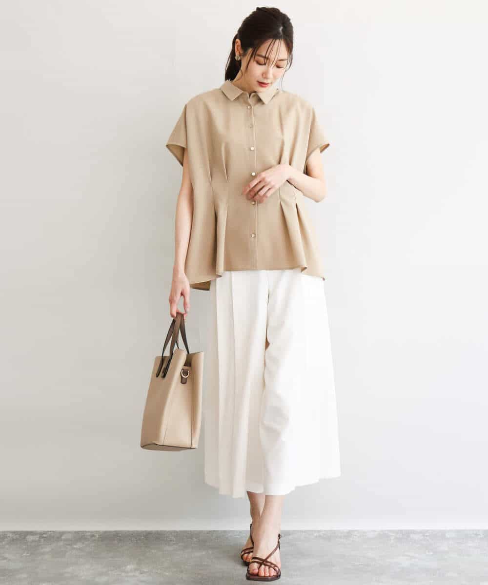 F1BGD56160 MK MICHEL KLEIN(小さいサイズ)(メゾン ドゥ サンク) 【小さいサイズ】[洗える]リネンライクストレッチ ウエストタックデザイン襟付きブラウス ブラウン