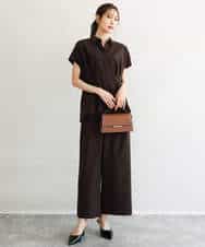 F1BGD56160 MK MICHEL KLEIN(小さいサイズ)(メゾン ドゥ サンク) 【小さいサイズ】[洗える]リネンライクストレッチ ウエストタックデザイン襟付きブラウス ブラウン