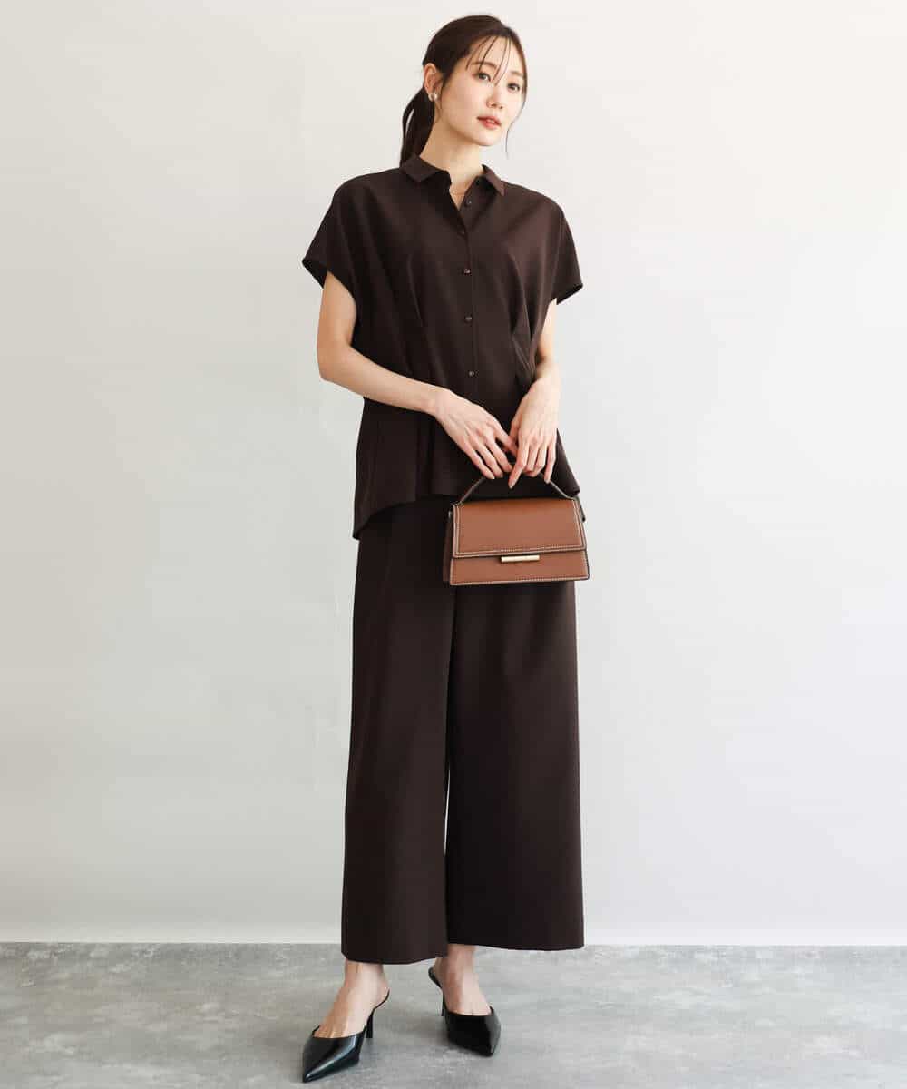 F1BGD56160 MK MICHEL KLEIN(小さいサイズ)(メゾン ドゥ サンク) 【小さいサイズ】[洗える]リネンライクストレッチ ウエストタックデザイン襟付きブラウス ブラウン