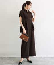 F1BGD56160 MK MICHEL KLEIN(小さいサイズ)(メゾン ドゥ サンク) 【小さいサイズ】[洗える]リネンライクストレッチ ウエストタックデザイン襟付きブラウス ブラウン