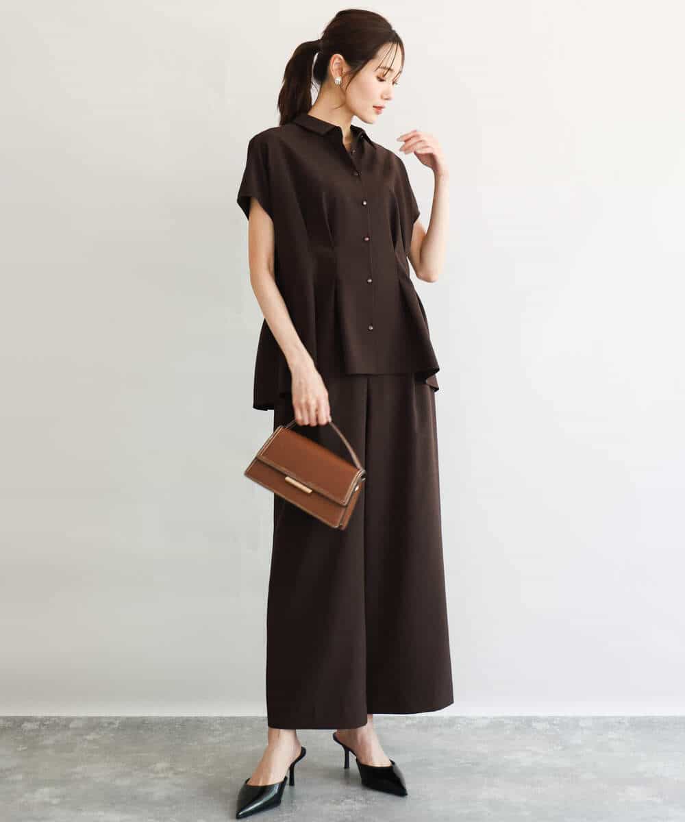 F1BGD56160 MK MICHEL KLEIN(小さいサイズ)(メゾン ドゥ サンク) 【小さいサイズ】[洗える]リネンライクストレッチ ウエストタックデザイン襟付きブラウス ブラウン