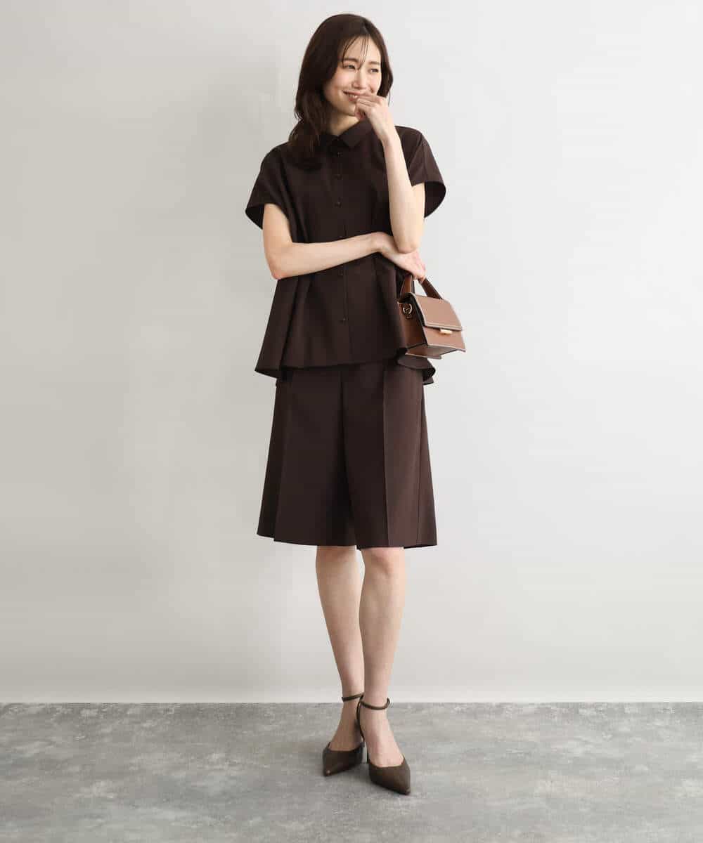 F1BGD56160 MK MICHEL KLEIN(小さいサイズ)(メゾン ドゥ サンク) 【小さいサイズ】[洗える]リネンライクストレッチ ウエストタックデザイン襟付きブラウス ブラウン