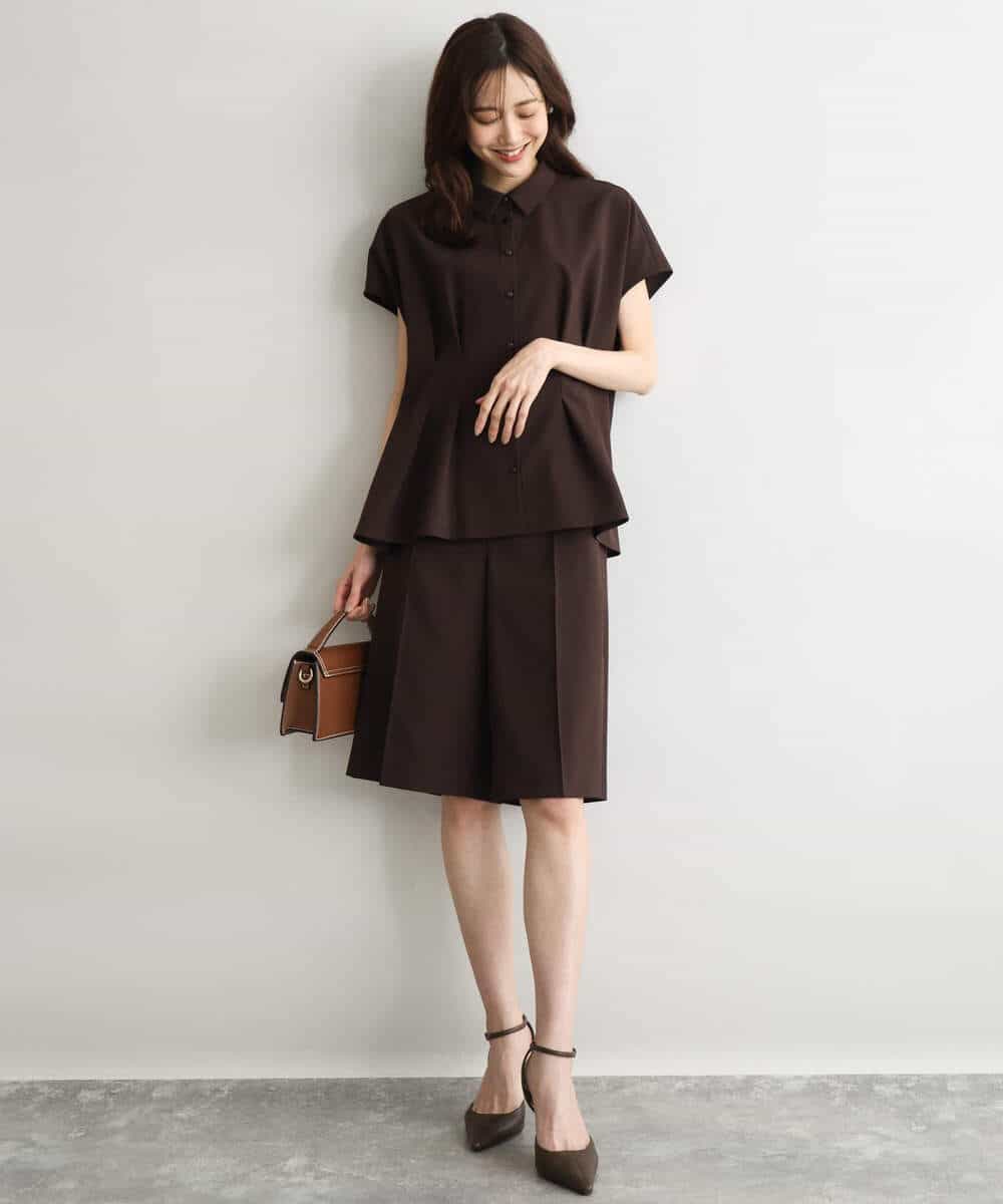 F1BGD56160 MK MICHEL KLEIN(小さいサイズ)(メゾン ドゥ サンク) 【小さいサイズ】[洗える]リネンライクストレッチ ウエストタックデザイン襟付きブラウス ブラウン