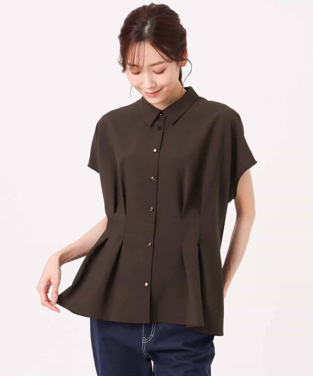 F1BGD56160 MK MICHEL KLEIN(小さいサイズ)(メゾン ドゥ サンク) 【小さいサイズ】[洗える]リネンライクストレッチ ウエストタックデザイン襟付きブラウス ブラウン