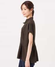 F1BGD56160 MK MICHEL KLEIN(小さいサイズ)(メゾン ドゥ サンク) 【小さいサイズ】[洗える]リネンライクストレッチ ウエストタックデザイン襟付きブラウス ブラウン