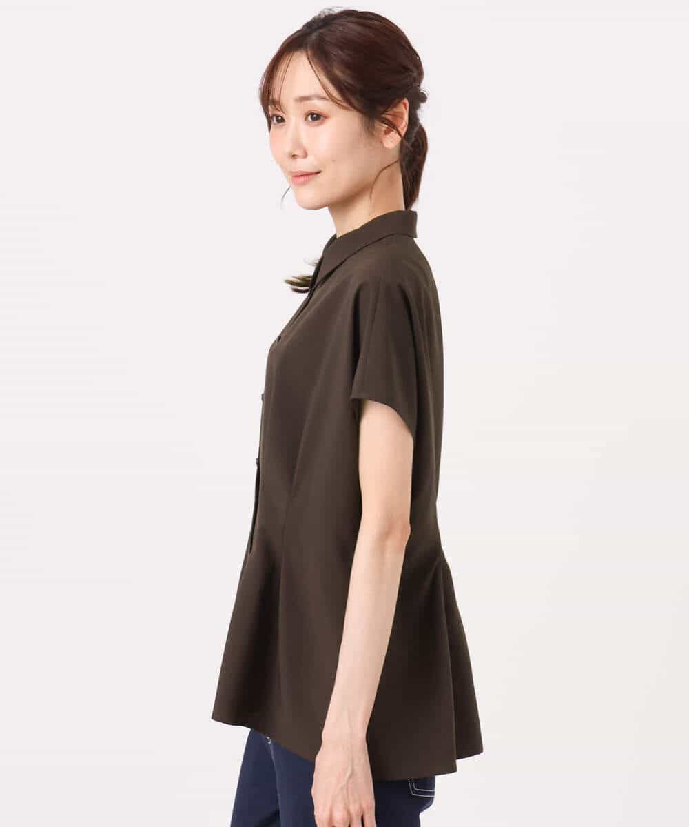 F1BGD56160 MK MICHEL KLEIN(小さいサイズ)(メゾン ドゥ サンク) 【小さいサイズ】[洗える]リネンライクストレッチ ウエストタックデザイン襟付きブラウス ブラウン