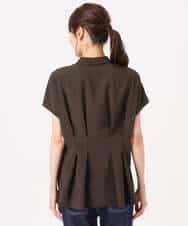 F1BGD56160 MK MICHEL KLEIN(小さいサイズ)(メゾン ドゥ サンク) 【小さいサイズ】[洗える]リネンライクストレッチ ウエストタックデザイン襟付きブラウス ブラウン