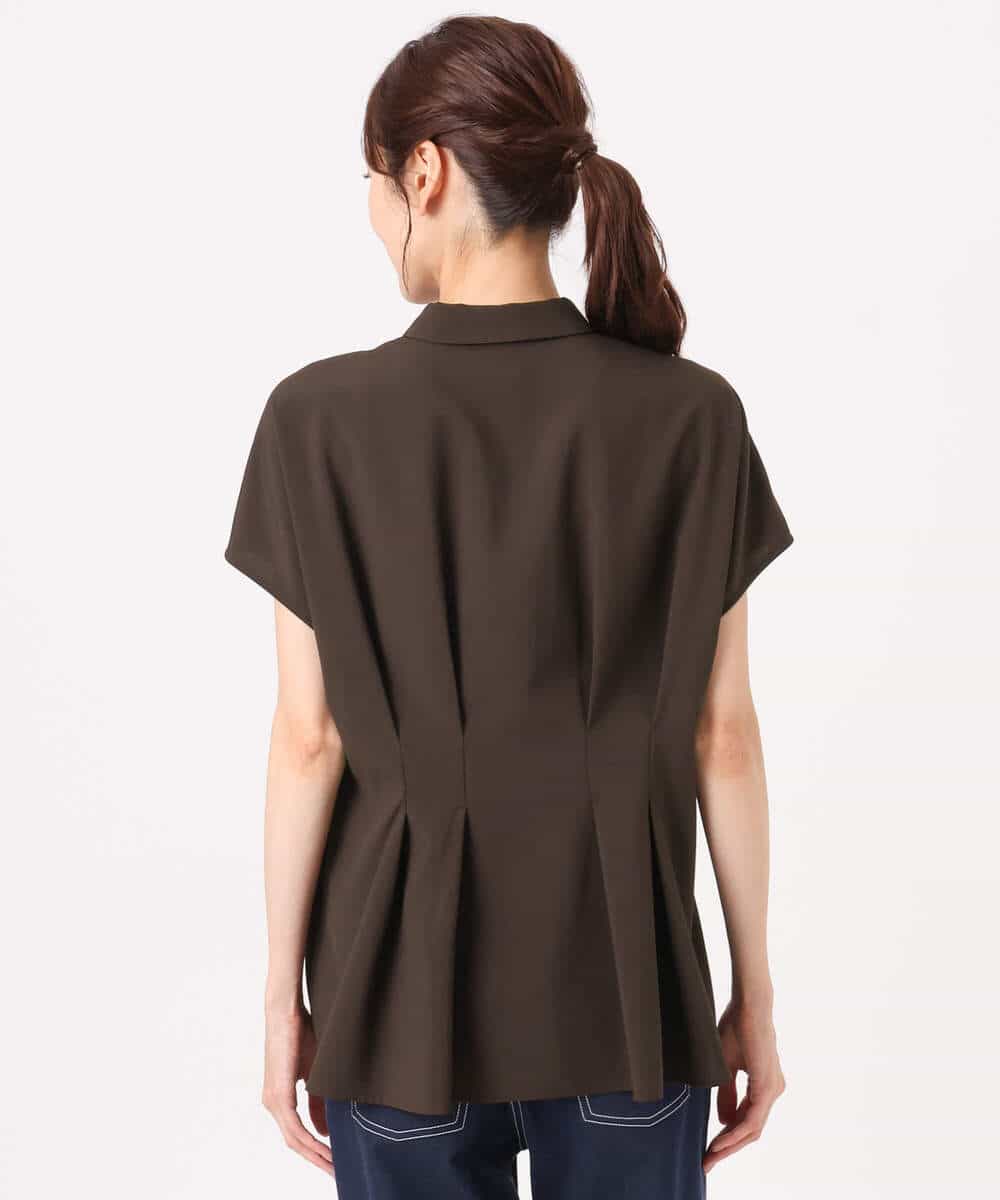 F1BGD56160 MK MICHEL KLEIN(小さいサイズ)(メゾン ドゥ サンク) 【小さいサイズ】[洗える]リネンライクストレッチ ウエストタックデザイン襟付きブラウス ブラウン