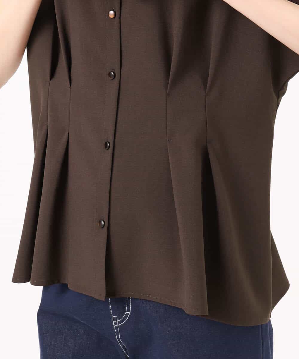 F1BGD56160 MK MICHEL KLEIN(小さいサイズ)(メゾン ドゥ サンク) 【小さいサイズ】[洗える]リネンライクストレッチ ウエストタックデザイン襟付きブラウス ブラウン