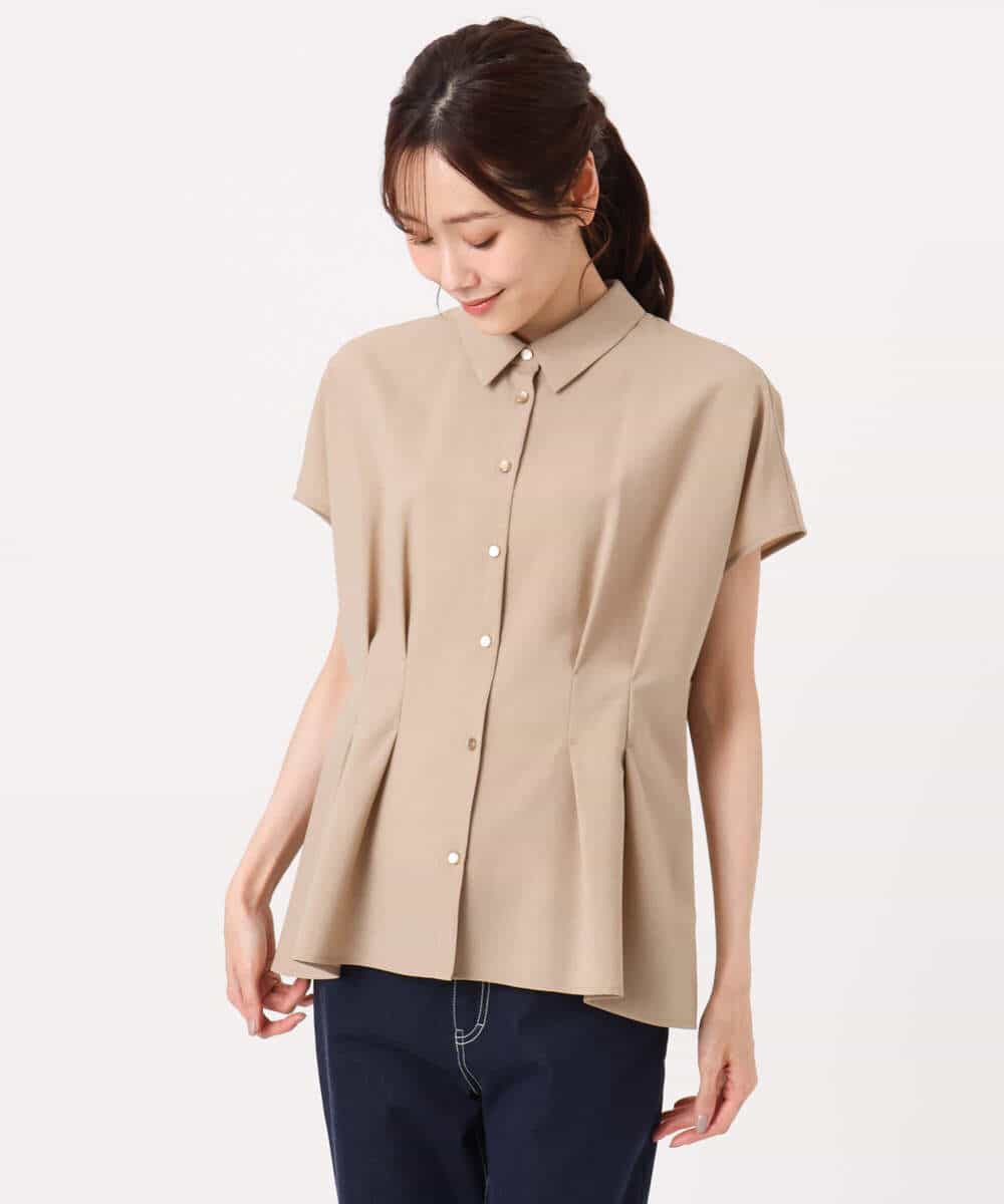 F1BGD56160 MK MICHEL KLEIN(小さいサイズ)(メゾン ドゥ サンク) 【小さいサイズ】[洗える]リネンライクストレッチ ウエストタックデザイン襟付きブラウス ブラウン