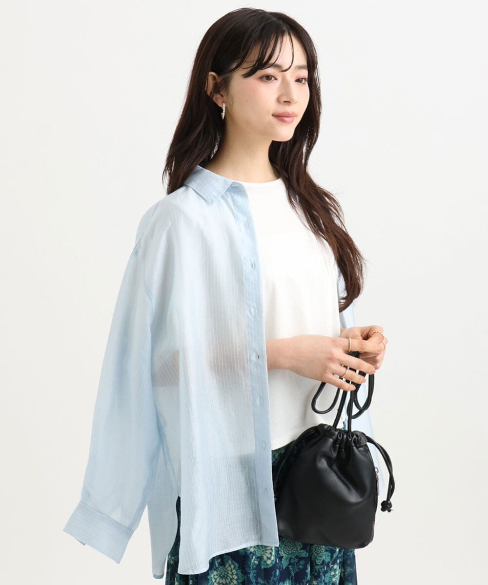 F1BGD57150 MK MICHEL KLEIN(小さいサイズ)(メゾン ドゥ サンク) 【小さいサイズ】[接触冷感/洗える]ドビーストライプ柄シアーシャツブラウス ライトブルー