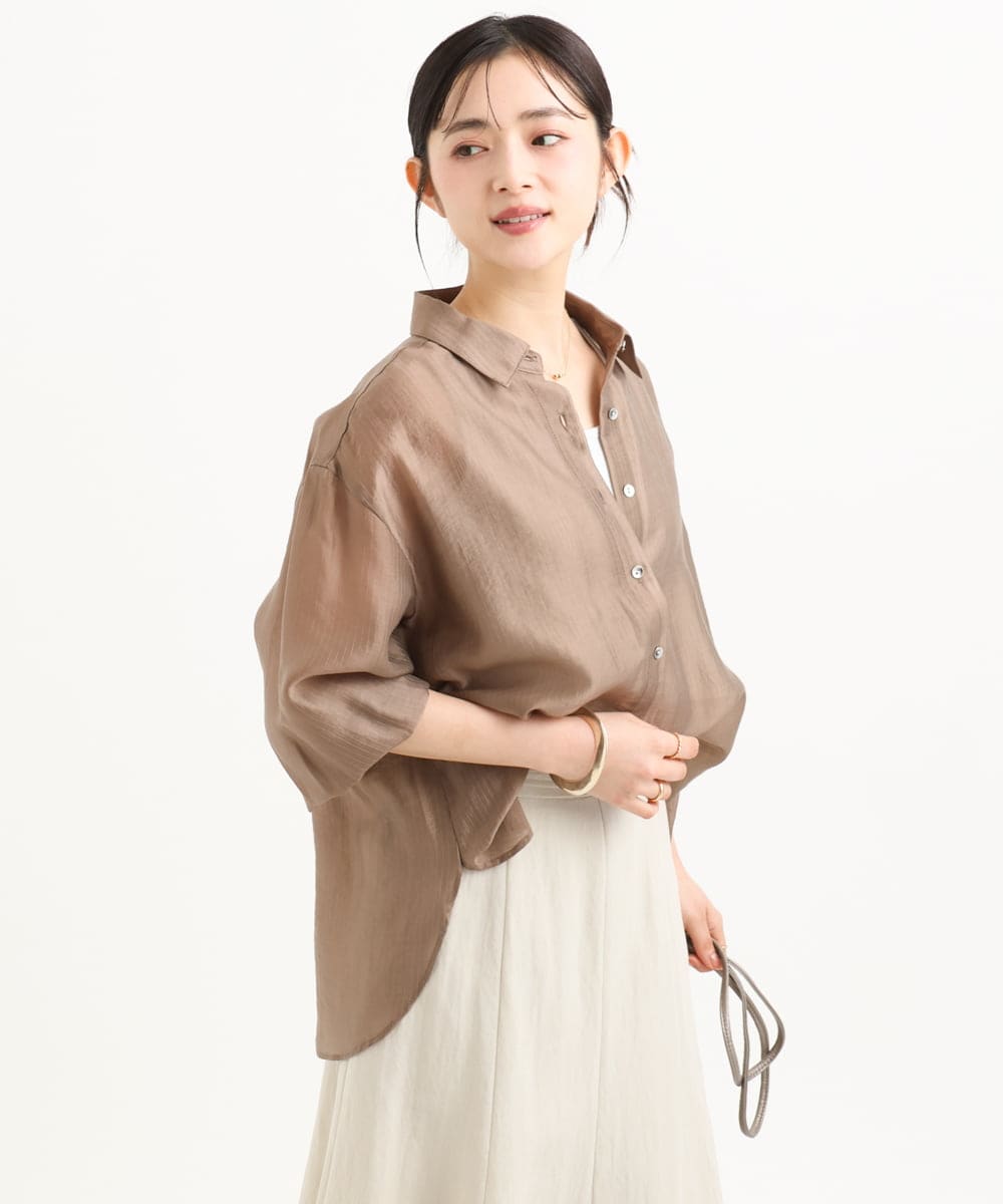 F1BGD57150 MK MICHEL KLEIN(小さいサイズ)(メゾン ドゥ サンク) 【小さいサイズ】[接触冷感/洗える]ドビーストライプ柄シアーシャツブラウス ライトブルー