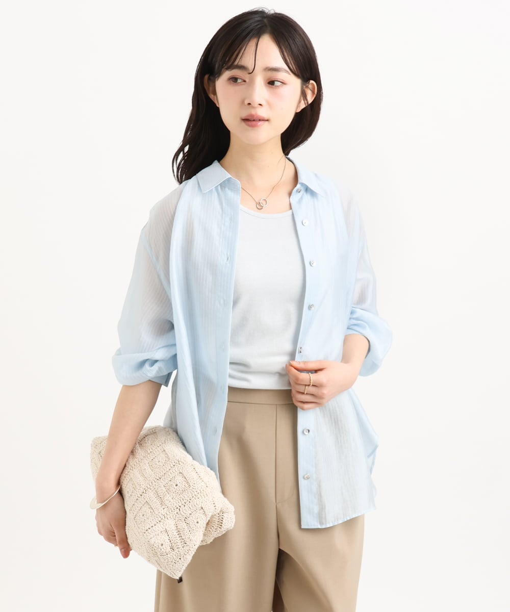 F1BGD57150 MK MICHEL KLEIN(小さいサイズ)(メゾン ドゥ サンク) 【小さいサイズ】[接触冷感/洗える]ドビーストライプ柄シアーシャツブラウス ライトブルー