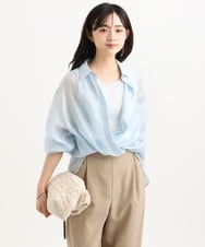 F1BGD57150 MK MICHEL KLEIN(小さいサイズ)(メゾン ドゥ サンク) 【小さいサイズ】[接触冷感/洗える]ドビーストライプ柄シアーシャツブラウス ライトブルー