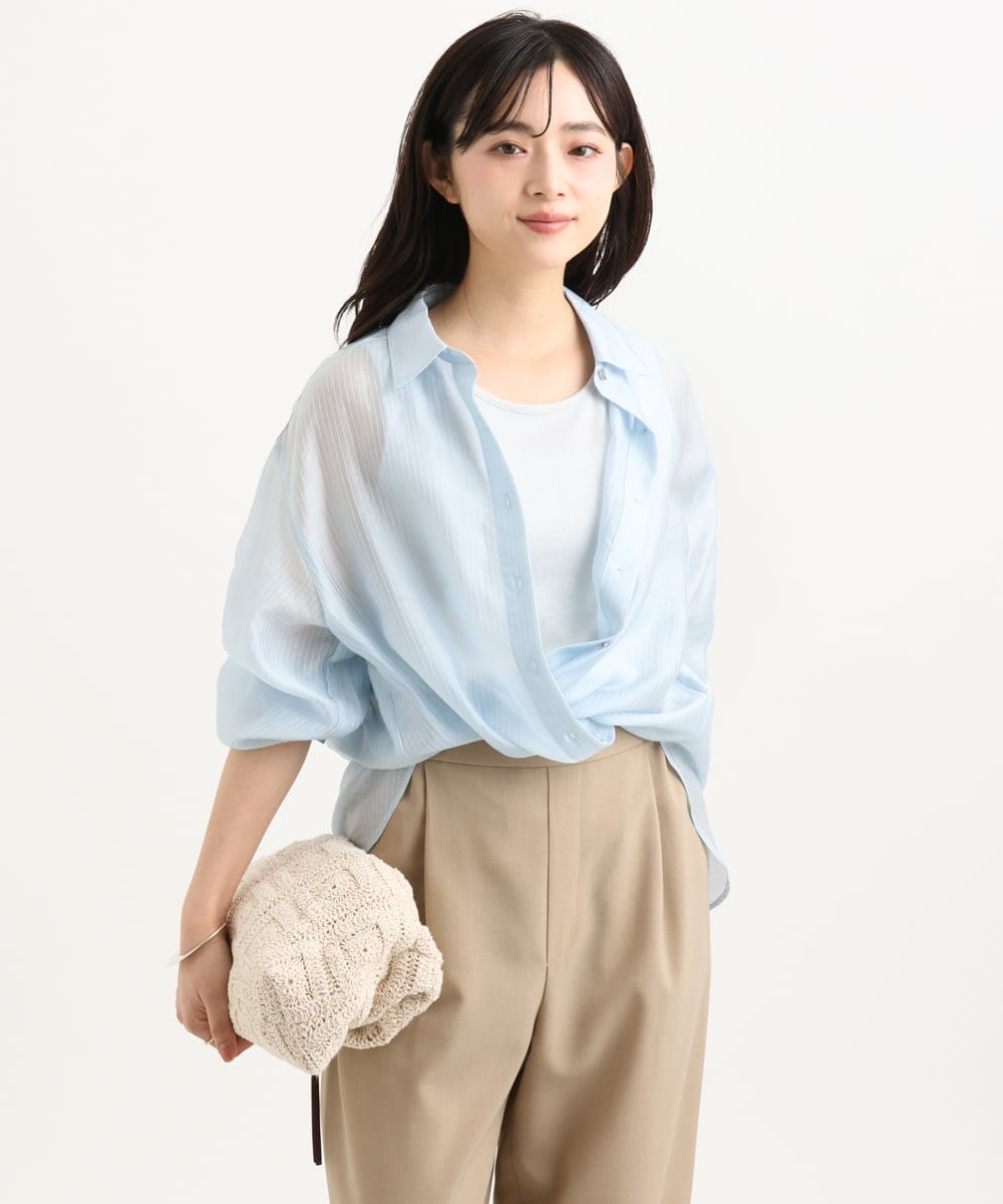 F1BGD57150 MK MICHEL KLEIN(小さいサイズ)(メゾン ドゥ サンク) 【小さいサイズ】[接触冷感/洗える]ドビーストライプ柄シアーシャツブラウス ライトブルー
