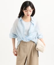 F1BGD57150 MK MICHEL KLEIN(小さいサイズ)(メゾン ドゥ サンク) 【小さいサイズ】[接触冷感/洗える]ドビーストライプ柄シアーシャツブラウス ライトブルー