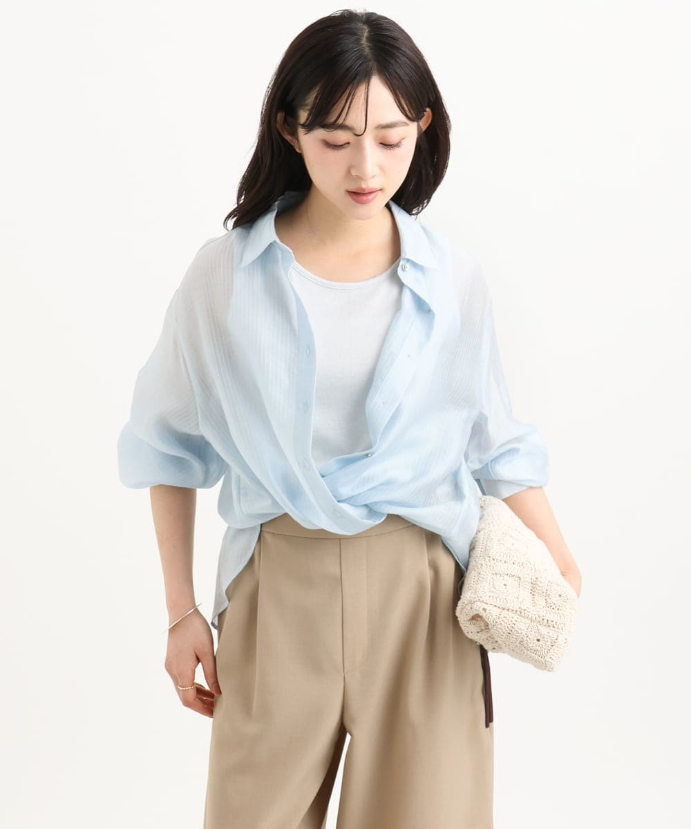 F1BGD57150 MK MICHEL KLEIN(小さいサイズ)(メゾン ドゥ サンク) 【小さいサイズ】[接触冷感/洗える]ドビーストライプ柄シアーシャツブラウス ライトブルー