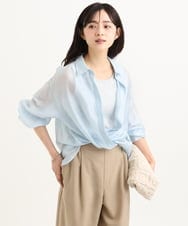 F1BGD57150 MK MICHEL KLEIN(小さいサイズ)(メゾン ドゥ サンク) 【小さいサイズ】[接触冷感/洗える]ドビーストライプ柄シアーシャツブラウス ライトブルー