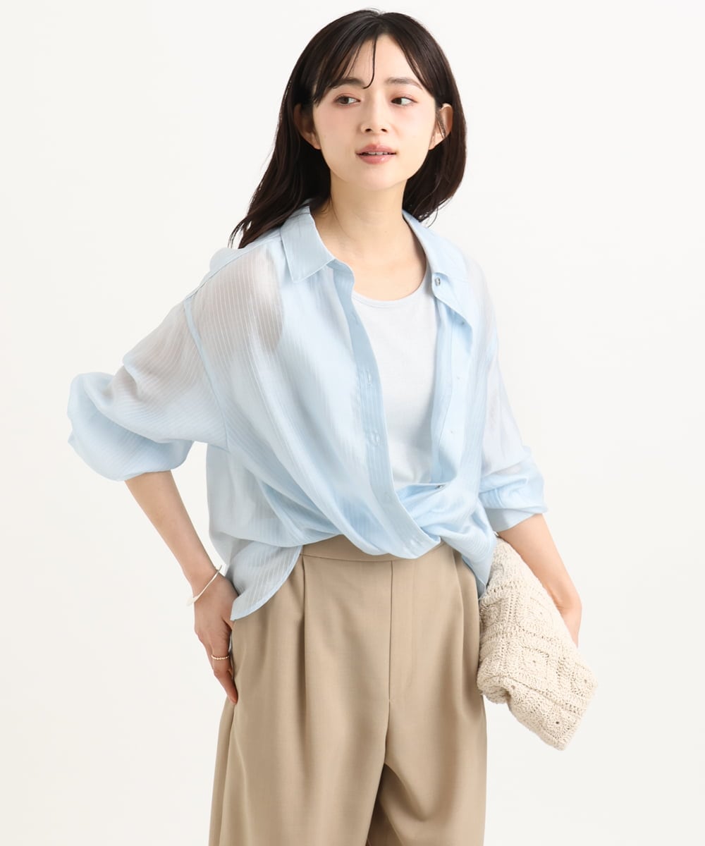 F1BGD57150 MK MICHEL KLEIN(小さいサイズ)(メゾン ドゥ サンク) 【小さいサイズ】[接触冷感/洗える]ドビーストライプ柄シアーシャツブラウス ライトブルー