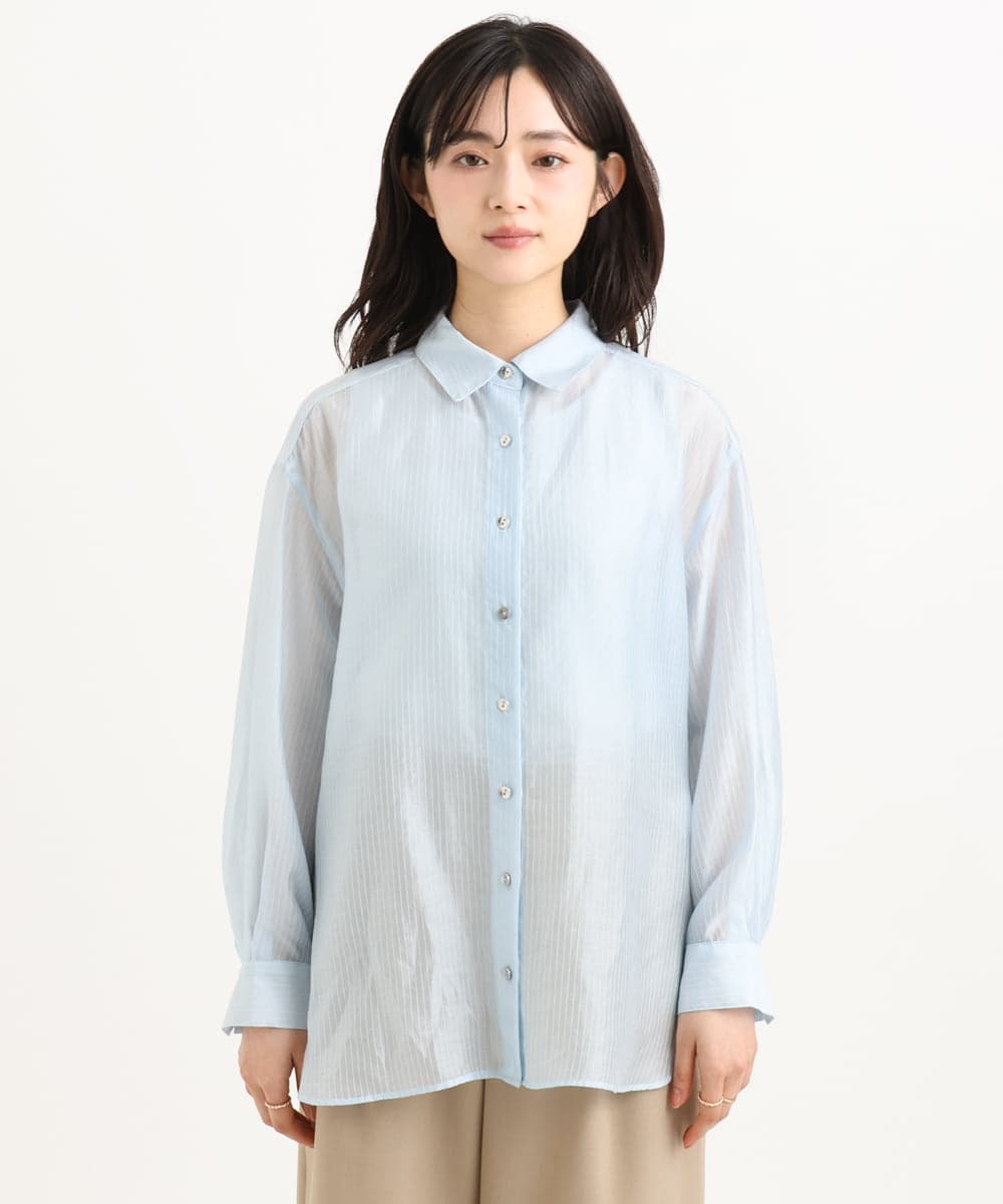 F1BGD57150 MK MICHEL KLEIN(小さいサイズ)(メゾン ドゥ サンク) 【小さいサイズ】[接触冷感/洗える]ドビーストライプ柄シアーシャツブラウス ライトブルー