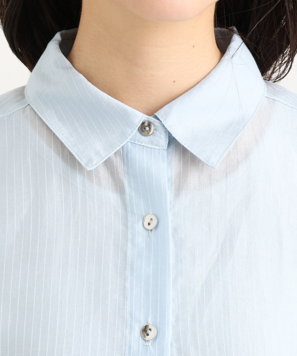 F1BGD57150 MK MICHEL KLEIN(小さいサイズ)(メゾン ドゥ サンク) 【小さいサイズ】[接触冷感/洗える]ドビーストライプ柄シアーシャツブラウス ライトブルー