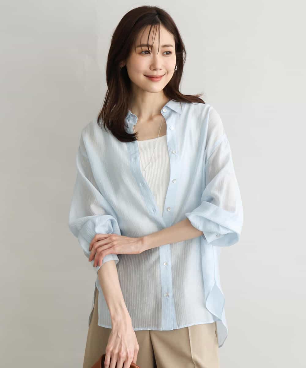 F1BGD57150 MK MICHEL KLEIN(小さいサイズ)(メゾン ドゥ サンク) 【小さいサイズ】[接触冷感/洗える]ドビーストライプ柄シアーシャツブラウス ライトブルー