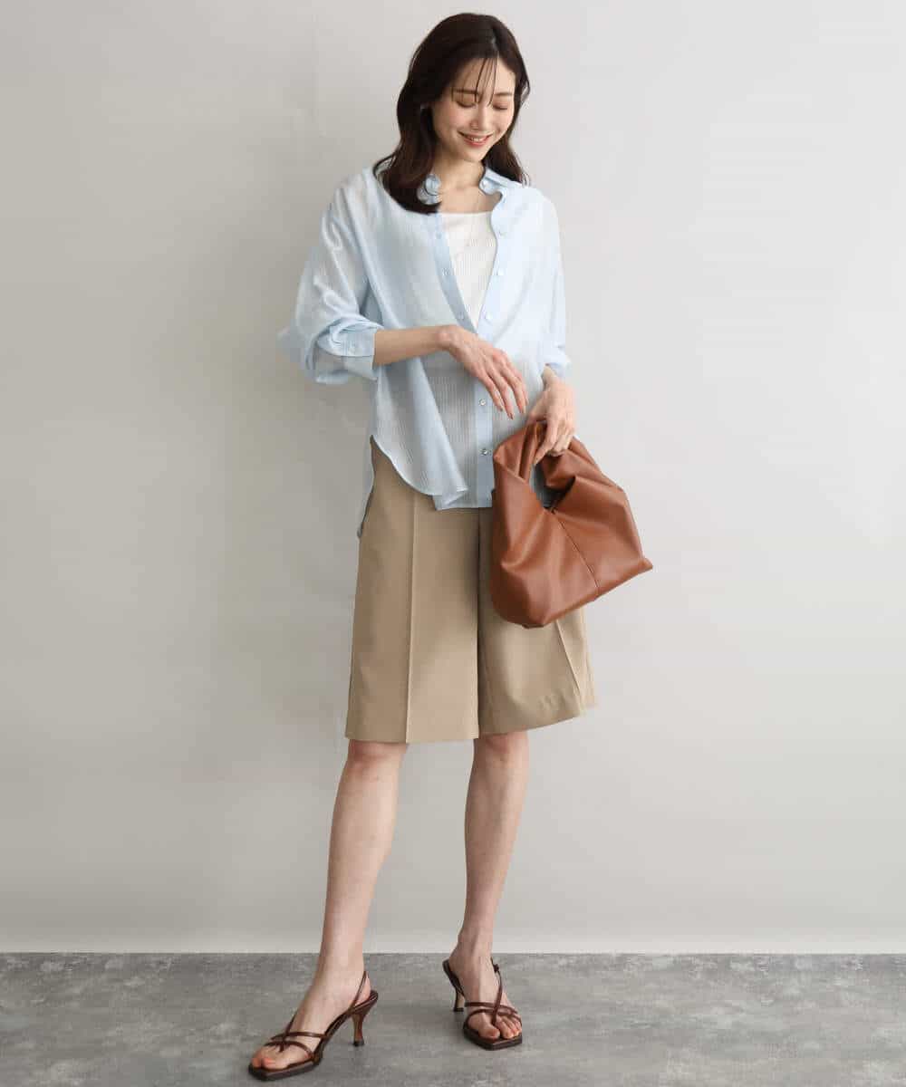 F1BGD57150 MK MICHEL KLEIN(小さいサイズ)(メゾン ドゥ サンク) 【小さいサイズ】[接触冷感/洗える]ドビーストライプ柄シアーシャツブラウス ライトブルー