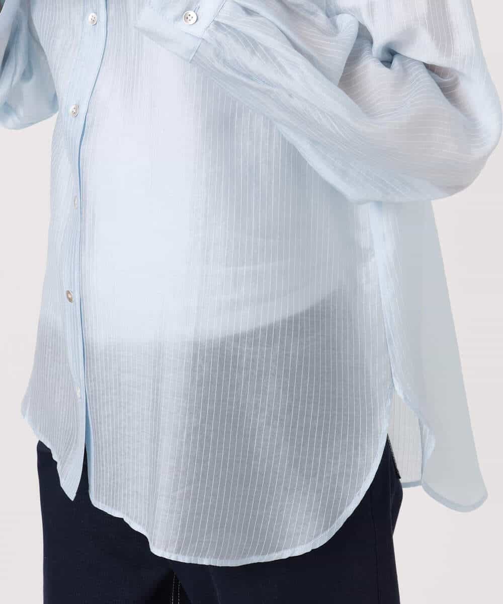 F1BGD57150 MK MICHEL KLEIN(小さいサイズ)(メゾン ドゥ サンク) 【小さいサイズ】[接触冷感/洗える]ドビーストライプ柄シアーシャツブラウス ライトブルー