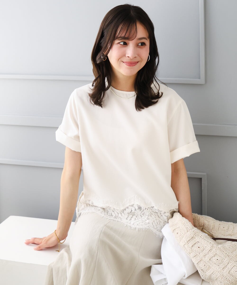 F1BGD59150 MK MICHEL KLEIN(小さいサイズ)(メゾン ドゥ サンク) 【小さいサイズ】[UVカット/接触冷感/洗える]ストレッチ 裾レース半袖ブラウス アイボリー