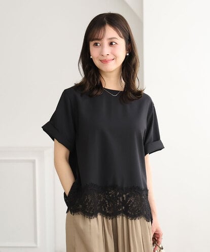 F1BGD59150 MK MICHEL KLEIN(小さいサイズ) 【小さいサイズ】[UVカット/接触冷感/洗える]ストレッチ 裾レース半袖ブラウス