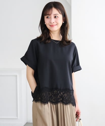 F1BGD59150 MK MICHEL KLEIN(小さいサイズ) 【小さいサイズ】[UVカット/接触冷感/洗える]ストレッチ 裾レース半袖ブラウス