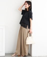 F1BGD59150 MK MICHEL KLEIN(小さいサイズ)(メゾン ドゥ サンク) 【小さいサイズ】[UVカット/接触冷感/洗える]ストレッチ 裾レース半袖ブラウス ブラック