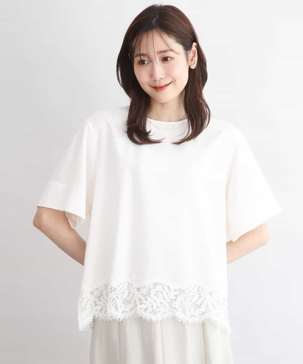 F1BGD59150 MK MICHEL KLEIN(小さいサイズ)(メゾン ドゥ サンク) 【小さいサイズ】[UVカット/接触冷感/洗える]ストレッチ 裾レース半袖ブラウス アイボリー