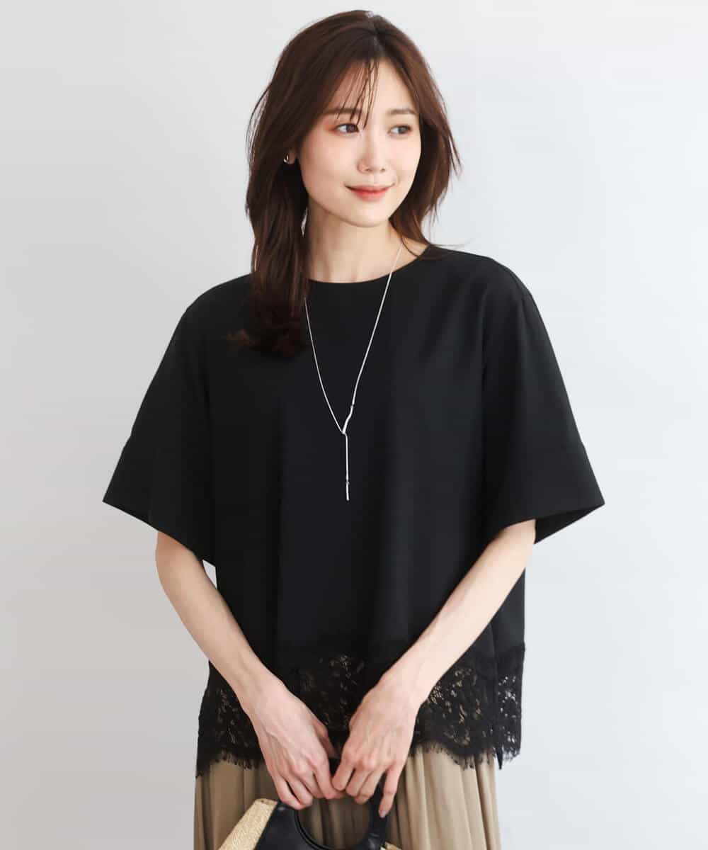 F1BGD59150 MK MICHEL KLEIN(小さいサイズ)(メゾン ドゥ サンク) 【小さいサイズ】[UVカット/接触冷感/洗える]ストレッチ 裾レース半袖ブラウス ブラック