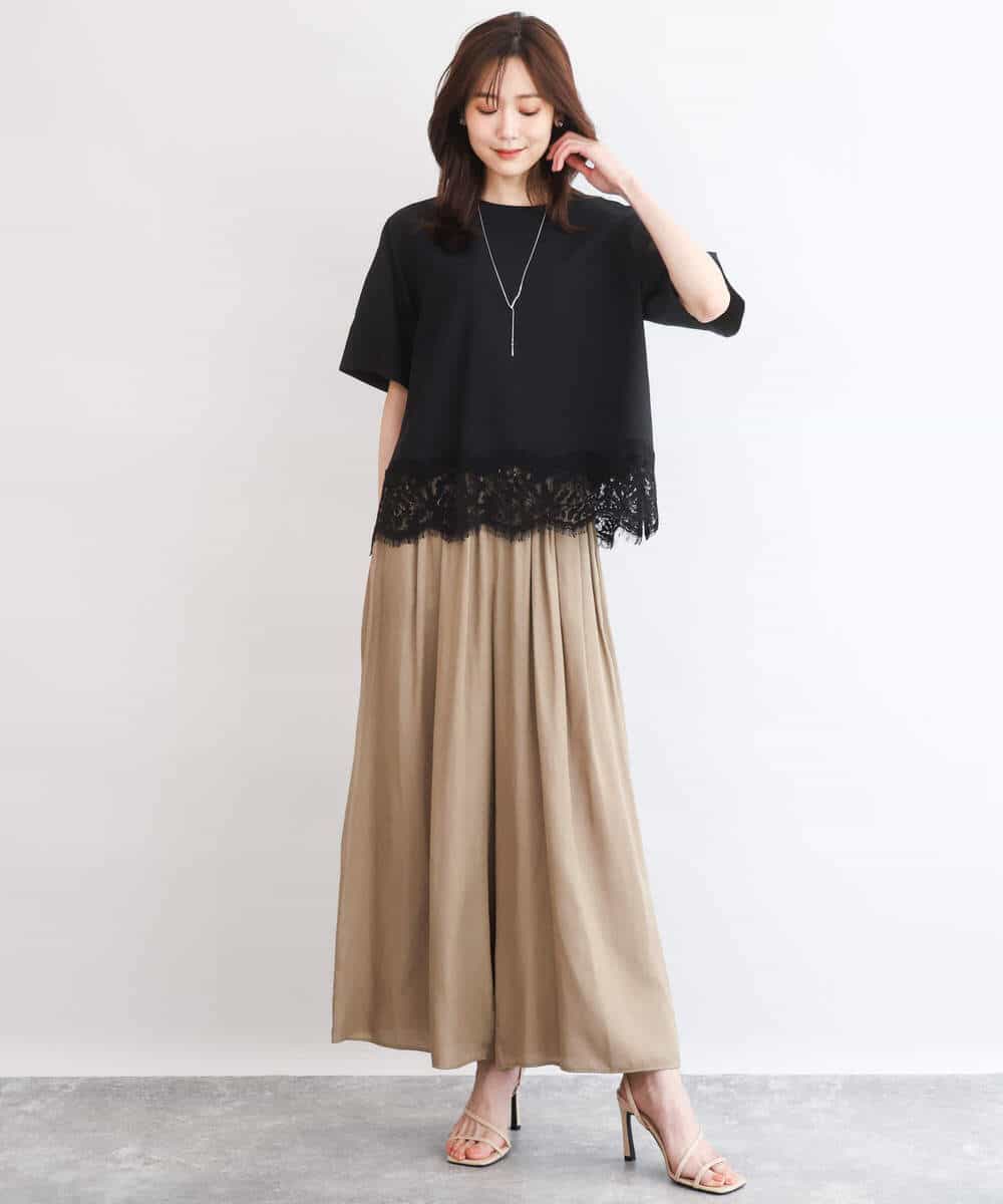 F1BGD59150 MK MICHEL KLEIN(小さいサイズ)(メゾン ドゥ サンク) 【小さいサイズ】[UVカット/接触冷感/洗える]ストレッチ 裾レース半袖ブラウス ブラック