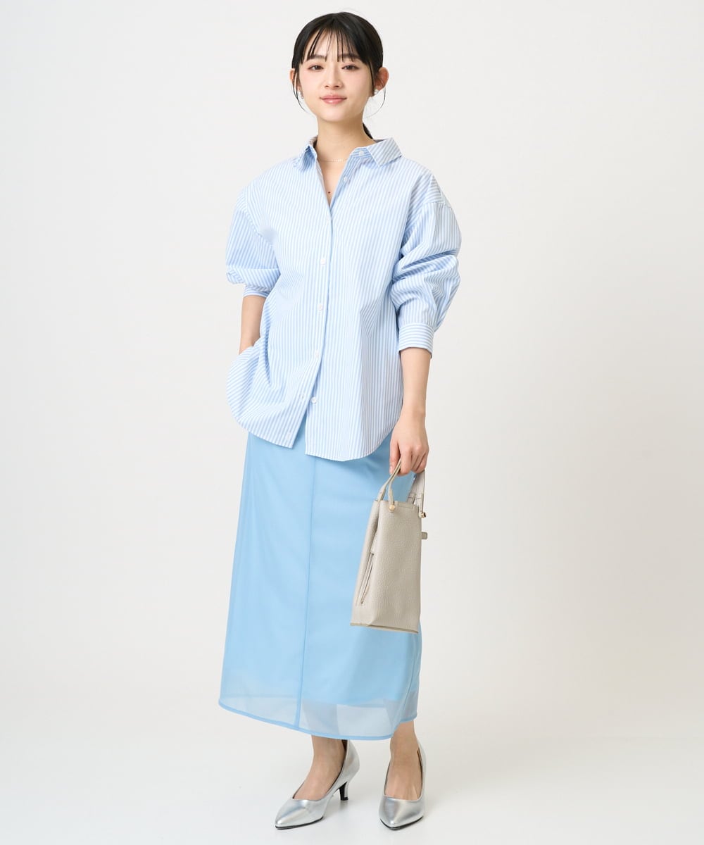 F1BGE27140 MK MICHEL KLEIN(小さいサイズ)(メゾン ドゥ サンク) 【小さいサイズ】コットン混ベーシックシャツ（ストライプ）/接触冷感/防シワ/洗濯機で洗える ライトブルー